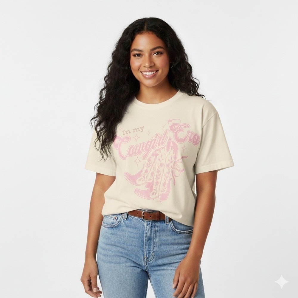 Streetwear Society Cowgirl Era Graphic Tee Cream Pink Western Boots -Size Medium